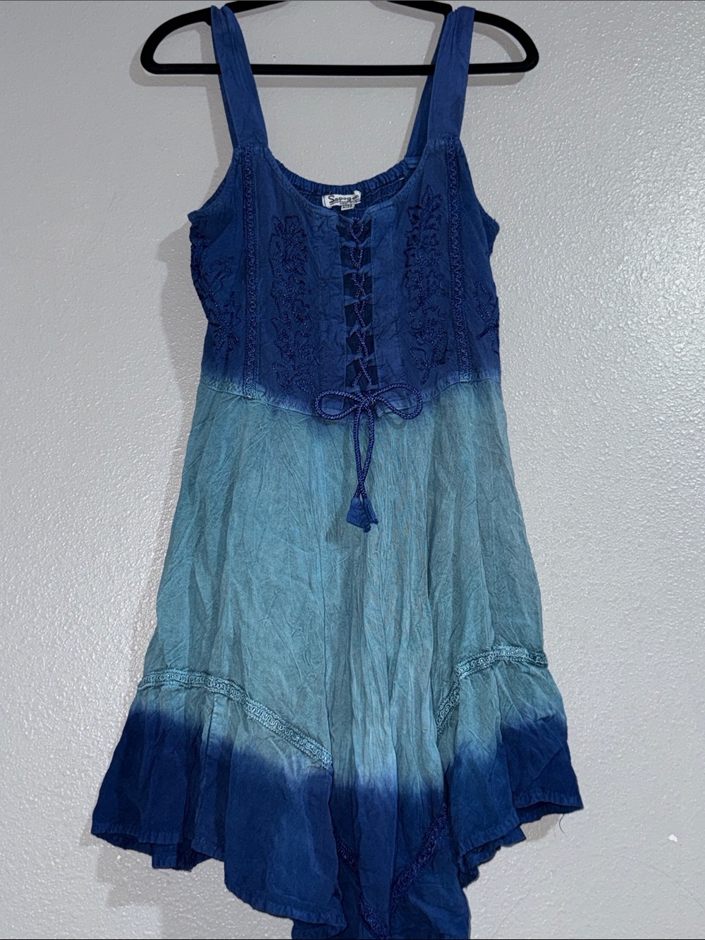 Lapogee Ombre Blue Tie-Dye Sundress with Lace-Up Front